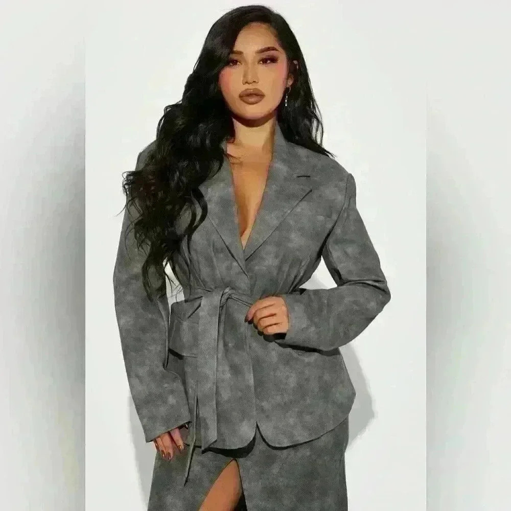 Cool Girl Washed Faux Leather  Blazer - Grey 1XL 14 - 16